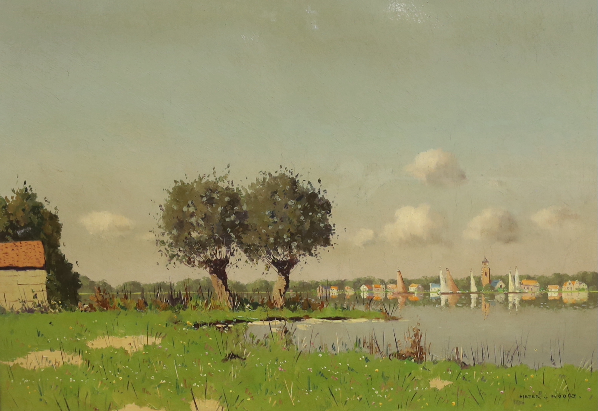 Pieter van Noort (20th century) oil on canvas, Dutch riverside landscape, signed, 70 x 49cm, ornate gilt framed